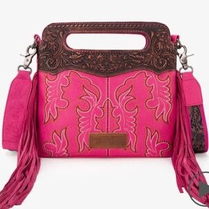 Wrangler Pink Embroidered Fringe Shoulder Bag with Carved Brown Trim